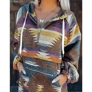 Aztec Half Zip Hoodie 2XL Southwest Pullover Kangaroo Pocket Street Festival Y2K